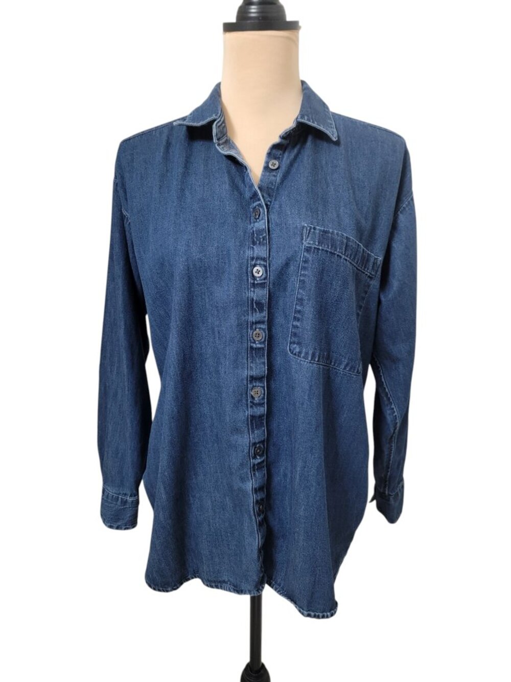 LOFT Size MP Denim Button Down Shirt, Medium Dark Wash, Long Sleeve